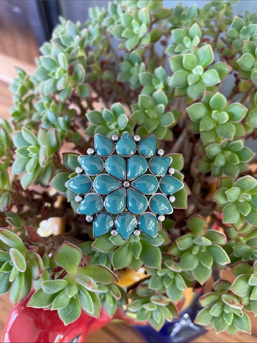 Vintage Teal Flower Southwestern Style Brooch Pendant